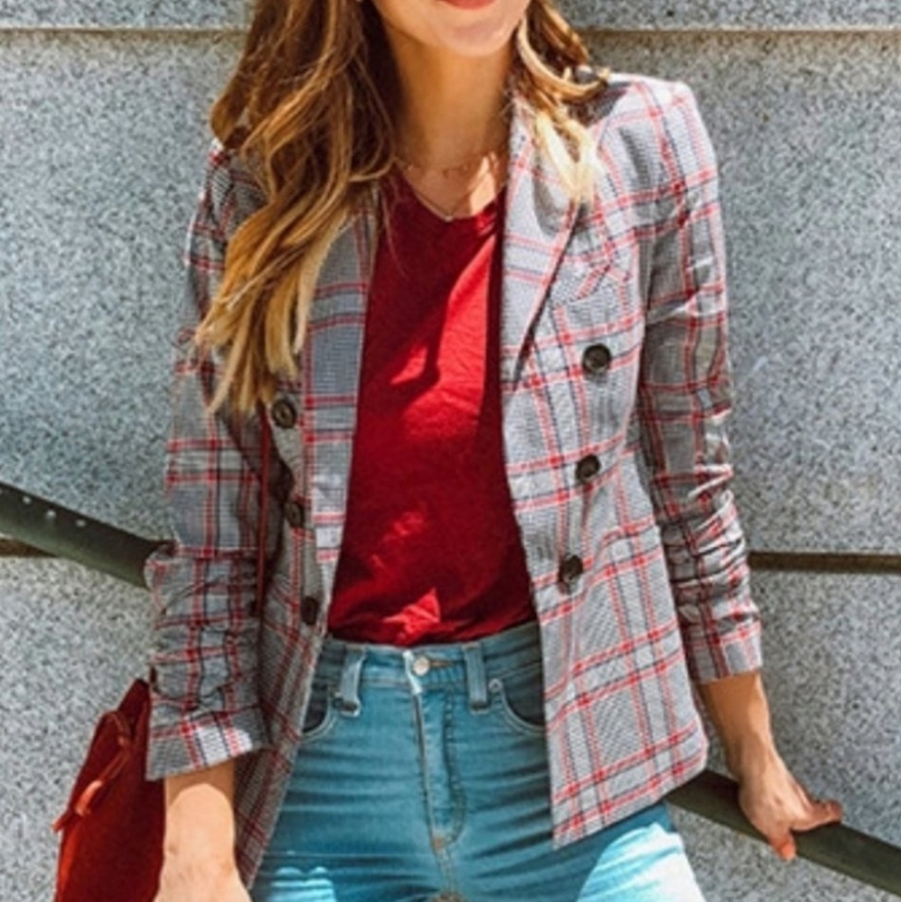 Veronica Beard Red and Gray Plaid Blazer